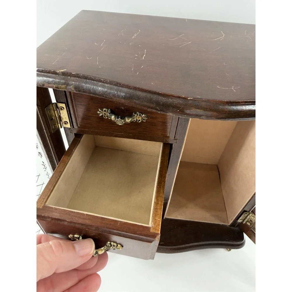 Vtg Wood Jewelry Armoire Glass Etched Doors Rotating Carousel Claw Feet 4 Drawer
